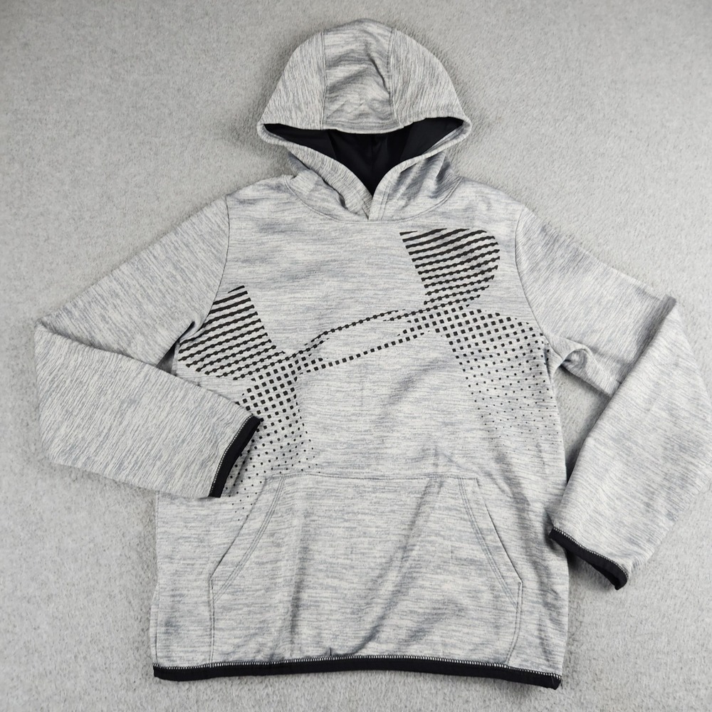 Under Armour Hoodie Boys M Gray Fleece Lined ColdGear Logo Loose Fit Pullover